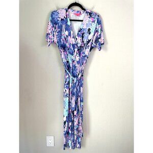 Lilly Pulitzer Blue Floral Wrap Jumpsuit with Pink & Mint Accents